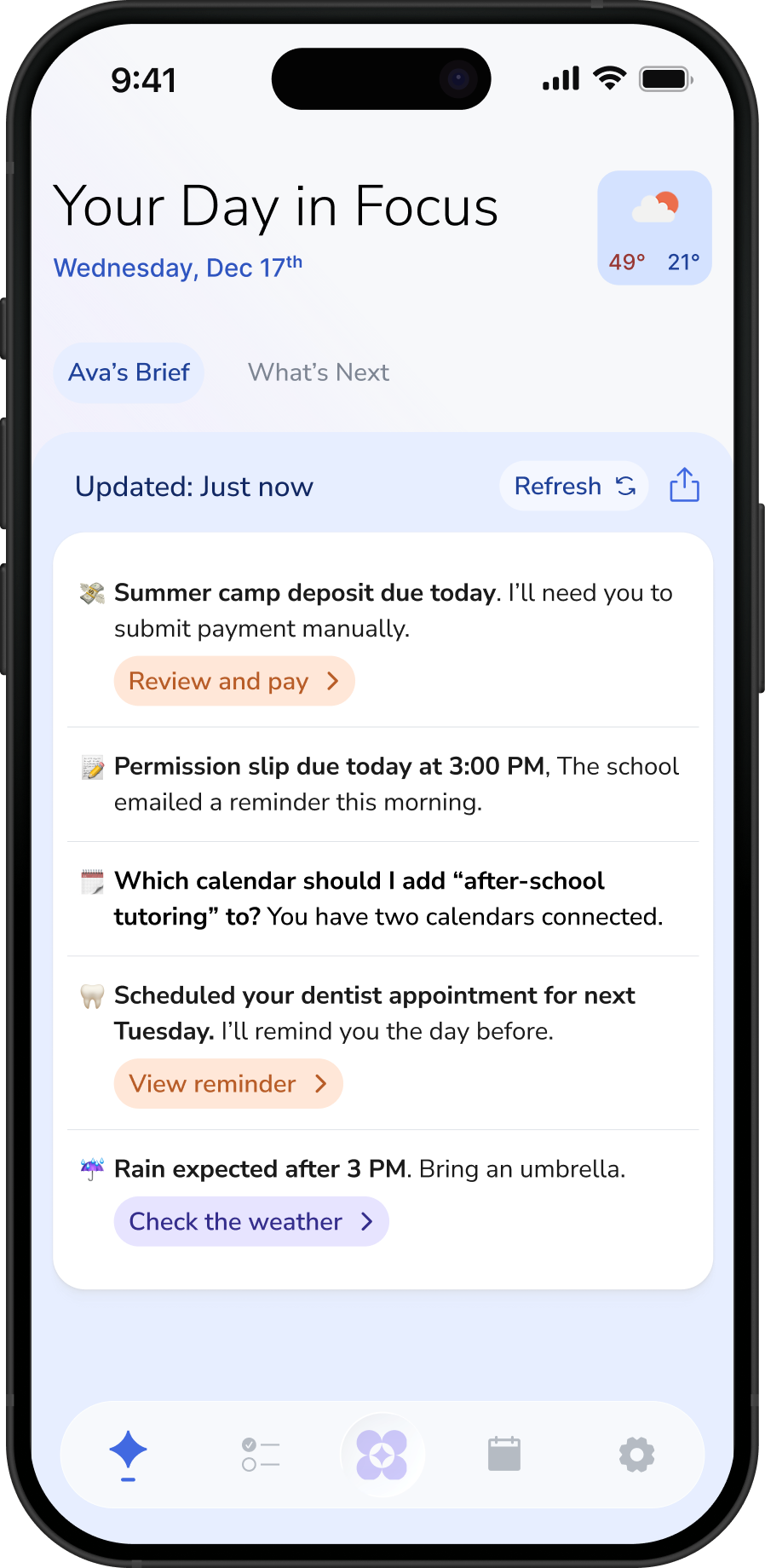 AVA app showing Your Day in Focus on a phone